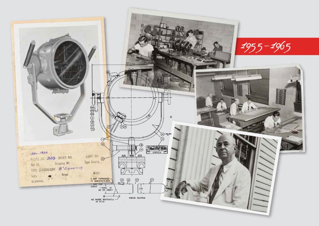 Carlisle and Finch Co. black and white photographs and diagrams of searchlights and employees from 1955 - 1965