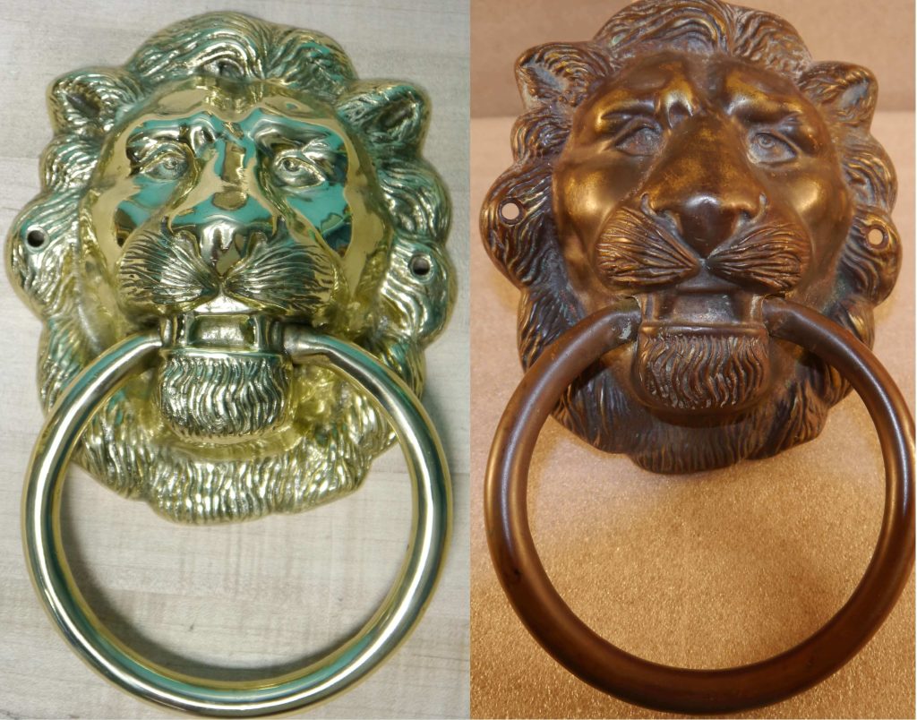 image showing before and after polishing a lions-head door knocker